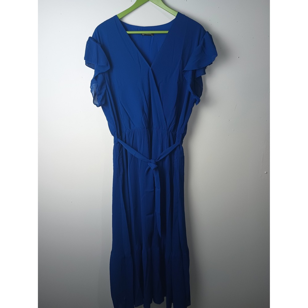 PrettyGarden Royal Blue Ruffle Sleeve Wrap V-Neck Tiered Midi Dress XXL 8366